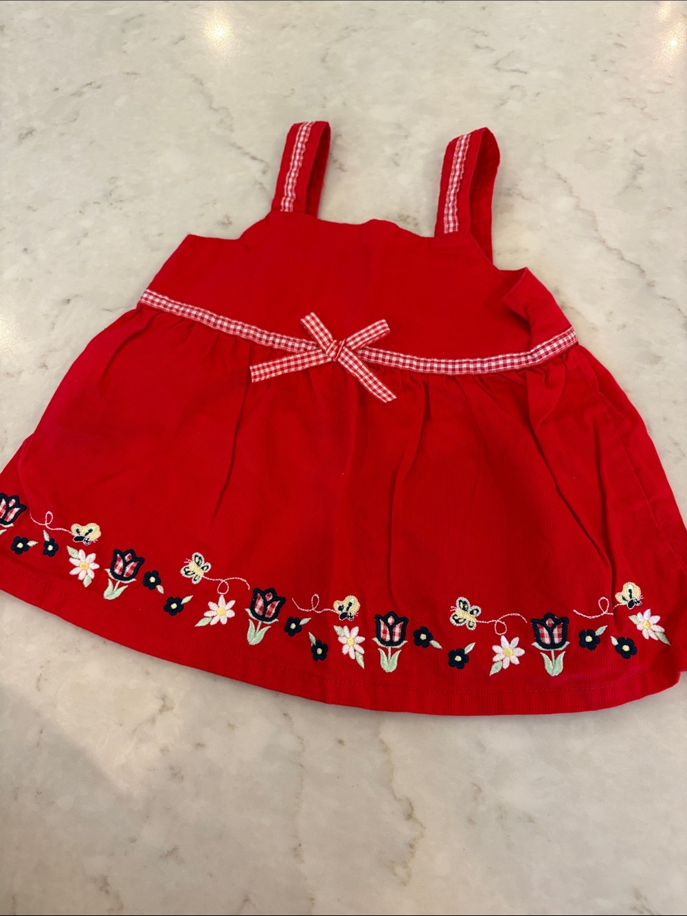 Vintage Sesame Street Baby Dress 3/6M Red Corduroy Big Bird Embroidered Gingham